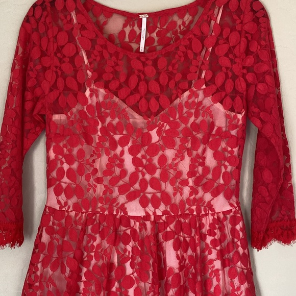 Free People, size 6, red floral mesh lace, fit and flare dress - Picture 4 of 13